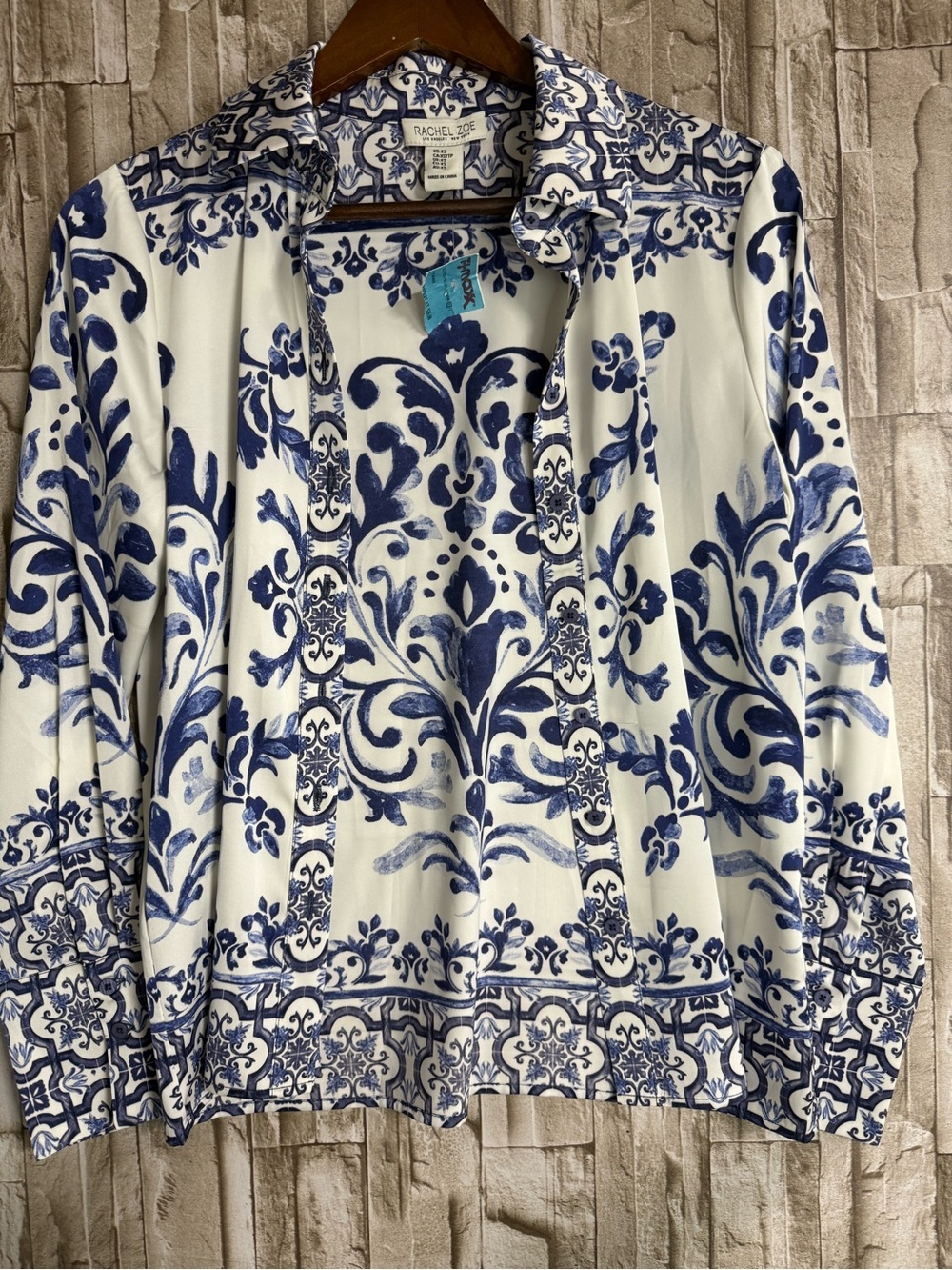 Rachel Zoe White and Navy Blue Printed Shirt
